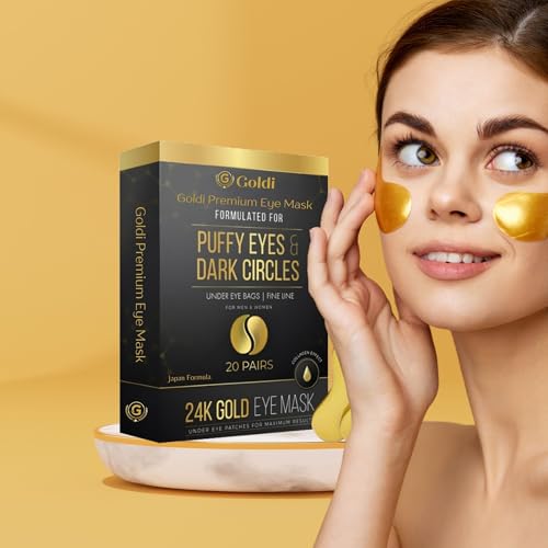 Goldi Premium Eye Mask (20 Pairs) - 24K Gold Eye Mask with Vitamin C & Collagen. For Under eye bags, Fine line, Dark Circles and Puffiness. Beauty & Personal Care (Japan Formula)