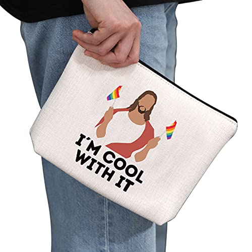 G2TUP LGBTQ Pride Gift Jesus I'm Cool With It Makeup Bag Gay Pride Rainbow Cosmetic Bag Travel Pouch with Zipper Support LGBT Gift (Cool With It White Bag)