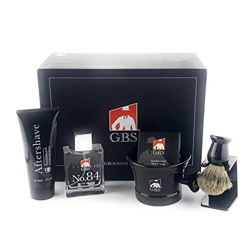 G.B.S Men¡¯s Wet Grooming Shaving Set, Gift Boxed-Ceramic Black Shaving Mug with Knob Handle, Shaving Brush, Stand and Sandalwood Aftershave, Black