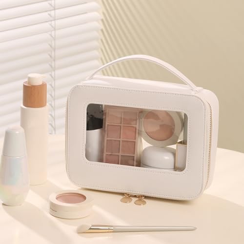 Meiyuuo Clear Makeup Bag Cosmetic Organizer Case with Handle Large Travel Toiletry Bag Zipper Skincare Pouch for Purse Essentials Waterproof Car Bag for Women Off White