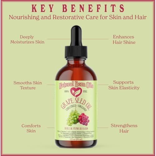 Natural Born Oils Grape Seed Oil, 8 oz, Organic, Cold?Pressed, Antioxidant?Rich, Skin Hydration, Hair Shine Enhancer