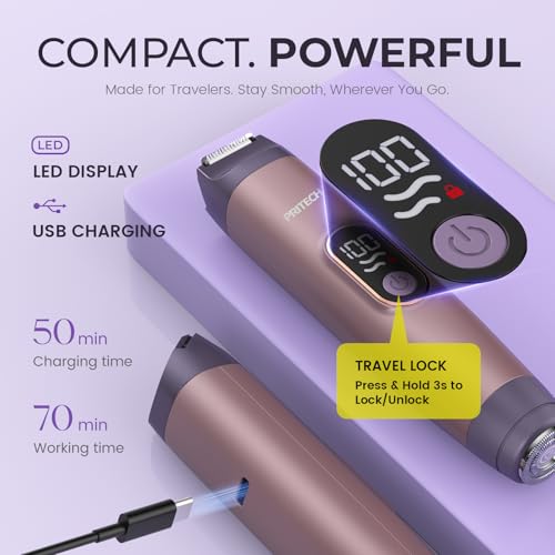PRITECH Bikini Trimmer for Women, 2-in-1 Painless Electric Razors for Silk Skin, Portable Lady Shaver for Women Private Area, Face, Legs & Underarms, Wet/Dry LED
