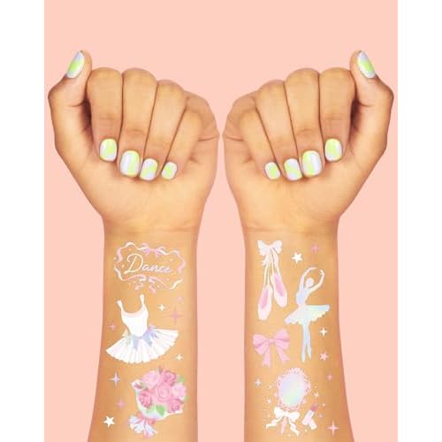xo, Fetti Ballerina Party Temporary Tattoos - 50 Iridescent Foil | Happy Birthday Princess Decorations, Bow Girl Baby Shower Accessory, Ballet Theme Favor, Dancer Gift + Tutu Supplies
