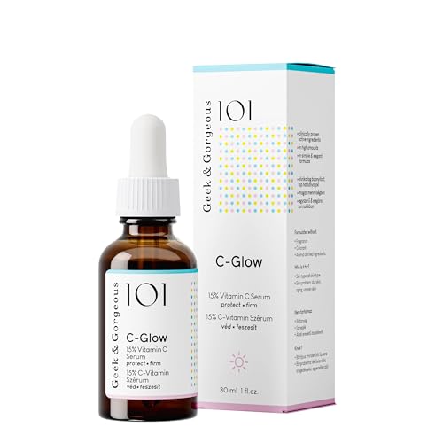 Geek & Gorgeous - C-Glow - lightweight, water-like 15% Vitamin C + Ferulic acid & Vitamin E Serum, protects against environmental damage, boosts collagen & evens skin tone - all skin types, 1 oz