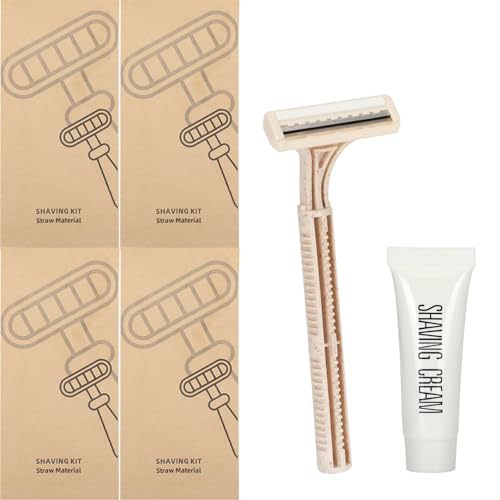 Eco-Friendly Wheat Straw Disposable Shave Kit - 50 Pcs Wheat Straw Razors and Shaving Cream(10g) Bulk, Individually Sealed for Hotel, Airbnb, Camping, Travel, Homeless, Shelters and Charities