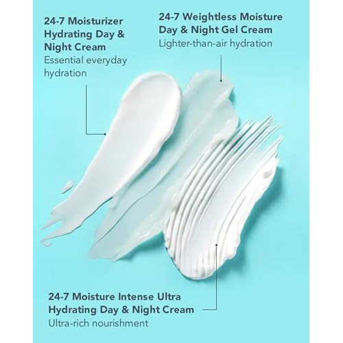 TULA Skin Care 24-7 Moisture Minis - Hydrating Day & Night Cream Moisturizer Travel Trio, Includes 0.5 oz Original, Moisture Intense & Weightless 24-7 Moisture Day & Night Cream, 3 Piece Set