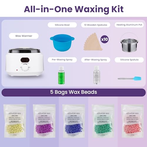 Sunvivi Wax Kit Digital Hair Removal Waxing Kit for Women & Men, Hot Wax Warmer Pot with 5 Bag Hard Wax Beads, Wax Melt Warmer Kit for Full Body, Legs, Face, Bikini,Sensitive skin, White