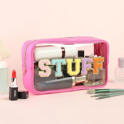 Large Chenille Letters Makeup Bag - Clear Glitter Preppy Patch Stuff Cosmetic Bag, Toiletry Stuff Pouch for Women - Valentines Day Gifts (10.62*6.29*3.54 inch, Black)