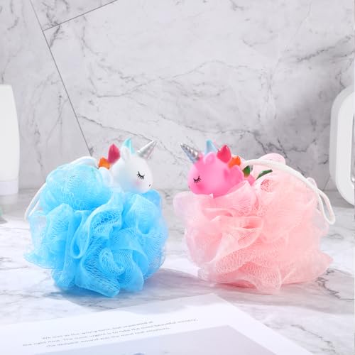 2pcs Kids Bath Loofah: Body Sponge - Unicorn Shower Pouf for Deep Cleaning Body Scrubber Exfoliator Wash Back Scrubber