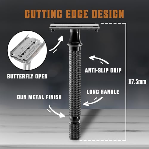 SHAVING REVOLUTION Long Handle Double Edge Safety Razor - Butterfly Open Razor 10 Japanese Stainless Steel Double Edge Blades - Close, Clean Shaving Razor Men., Black Long Handle, 12 Piece Set