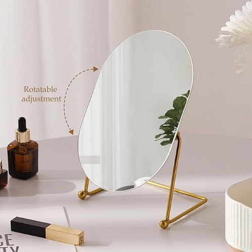 Desk Vanity Mirror with Stand Tabletop Makeup Table Mirrosr Portable Gold Make Up Mirror for Bedroom Golden Metal Framed Folding Bathroom Shaving Cosmetic Mirror