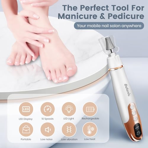Delanie Electric Nail File for Thick Toe Nails, Cordless Nail Drill Efile, Portable Manicure Pedicure Kit for Nails Acrylic, 10 Speeds Pedicure Tools for Feet Callus Remover