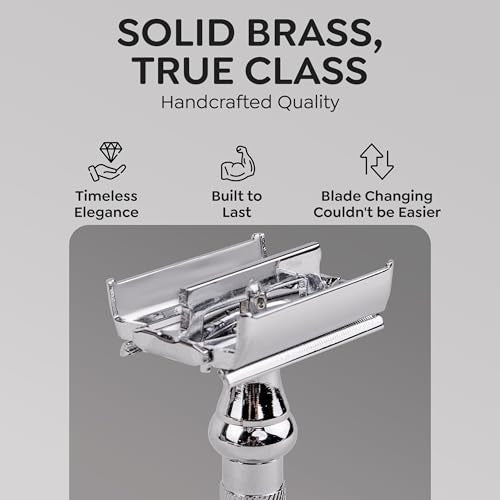 Parker 99R Chrome Long Handle Heavyweight Butterfly Open Double Edge Safety Razor for Men | 5 Parker Premium Platinum Double Edge Razor Blades Included | Iconic Brand