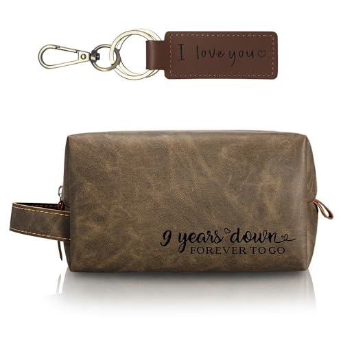 9th Years Anniversary Present for Him, 9 Years Wedding Gifts for Husband Anniversary, Engraved PU Leather Toiletry Bag and KeyChain