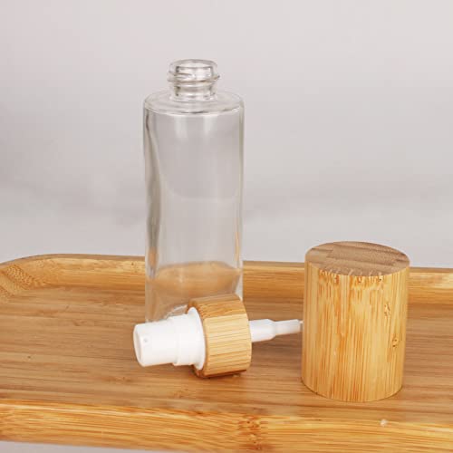 COSIDEA 6 pcs Empty 1oz / 30ml bamboo lids clear glass bottle with lotion pump dispenser, refillable emulsion cosmetic cream bottles, toiletries refill travel container