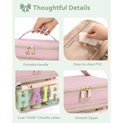 Fasrom Double Layer Hair Accessories Organizer, Preppy Patch Makeup Bag with HAIR Chenille Letter, Portable Travel Cosmetic Pouch Clear Toiletry Case for Women Girl, Pink(Bag Only, Patent Design)