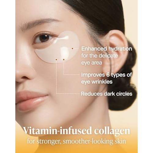 Korean Under Eye Patches for Dark Circles & Puffiness ? Vita 500Da Fabric-Free Collagen Gel, 83% French Collagen + Niacinamide & Peptides, Cooling Depuffing, Turns Clear, 60 Patches