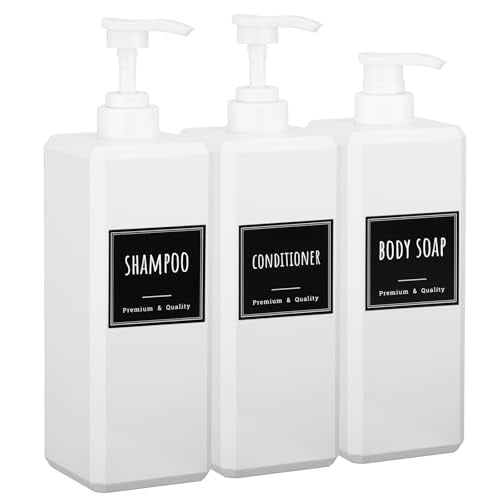 Segbeauty 33.8oz Square Plastic Soap Dispenser Refillable, 3pcs Large Empty Soap Dispenser Bathroom Kitchen, White 1000ml Shampoo Pump Bottle Set, Lotion Body Wash Hand Wash Bottles with Labels