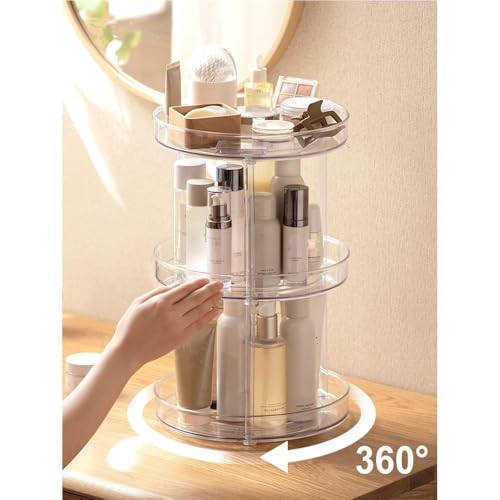 ROWNYEON 360 Rotating Makeup Organizer,3 Tier Skincare Organizers Spinning Organizer Bathroom Counter Organizer Perfume Organizer Kitchen Storage |10.6 Inches | Clear