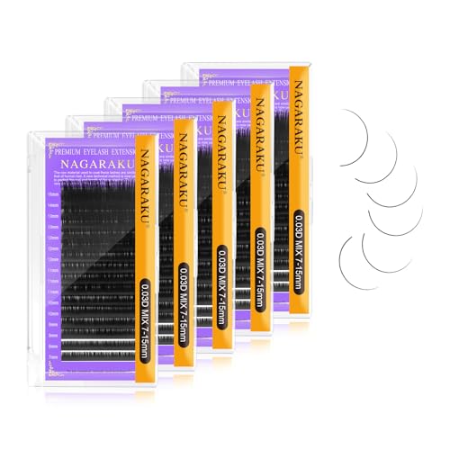 NAGARAKU 5 Trays Eyelash Extensions 0.03mm D curl 7-15mm Mix Tray Individual Lashes Classic Matte Black Faux Mink 16 Rows Professional Beauty Salon Supplies - Purple Card