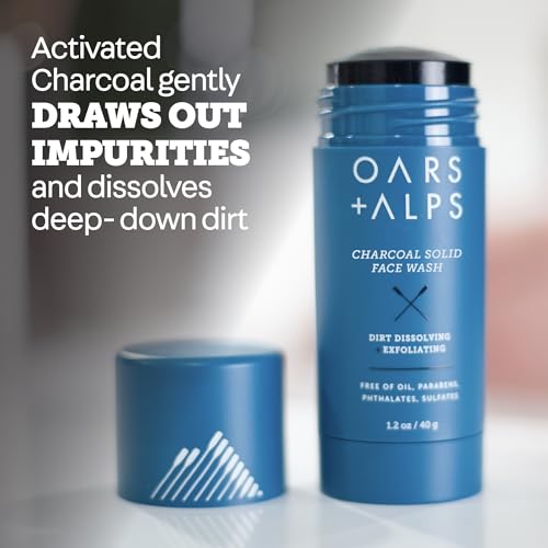 Oars + Alps Exfoliating Face Wash Stick, 2-in-1 Facial Cleanser & Face Exfoliant with Activated Charcoal, Alpine Moss, Dermatologist Tested, Spill Free, Travel Size, 1.2 Oz