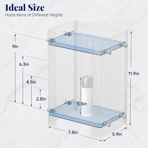 Delamu Bathroom Countertop Organizer, 2 Tier Adjustable Corner Makeup & Skincare Organizer with Protective Guard Rail, Transparent Design for Vanity, Bathroom Counter, Ideal for Girls