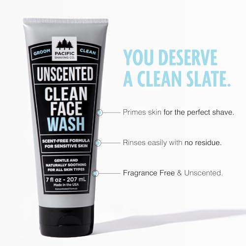 Pacific Shaving Company Clean Facial Wash - Unscented Gentle Face Cleanser with Sea Salt & Aloe Vera - Hydrating Men's Face Wash for Sensitive Skin (7 Oz)