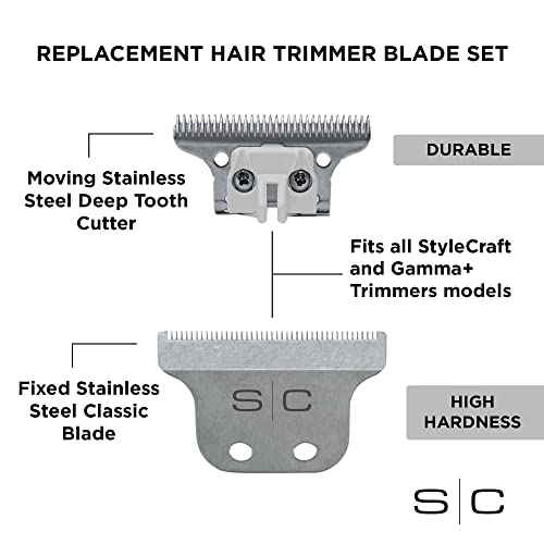 Stylecraft Replacement Fixed Stainless Steel Classic Hair Trimmer Blade with Stainless Steel Deep Tooth Cutter Set