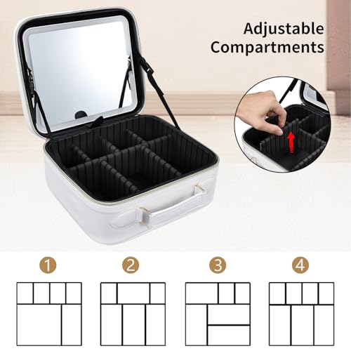 Travel Makeup Bag with LED Mirror 3 Color Modes,10.2-in White Vegan Leather Makeup Organizer Bag with Adjustable EVA Dividers and Independent Brush Panel