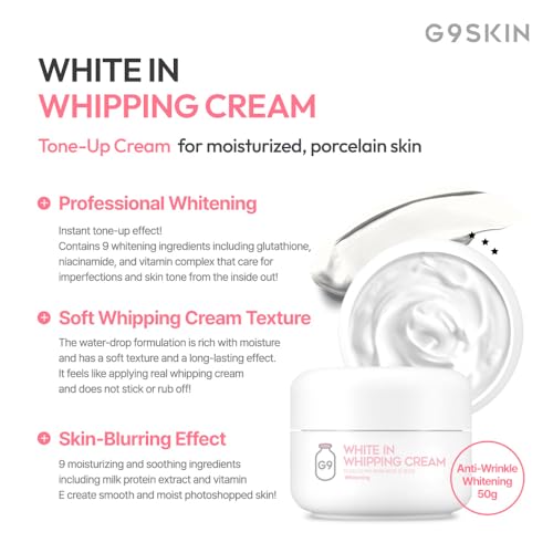 G9SKIN white In Whipping Cream - Hydrating & Brightening Daily Moisturizer Real Milk Tone Up Face Cream for Dull, Uneven Skin, 50g / 1.76oz