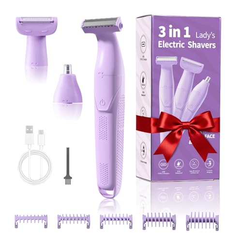 Bikini Trimmer for Women, 3-in-1 Painless Womens Electric Razors & Pubic Hair Trimmer, Waterproof Womens Shaver with Ceramic Blades, USB Rechargeable Lady Groomer for Legs Underarm Face,Violet