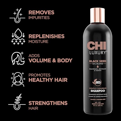 CHI Luxury Black Seed Oil Gentle Cleansing Shampoo, Adds Hair Volume & Body, Strengthens & Removes Impurities, Sulfate, Paraben, & Cruelty-Free, 12 Oz