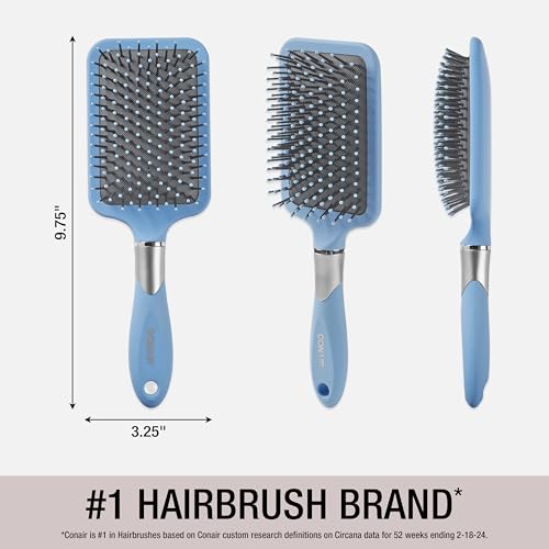 Conair Velvet Touch Paddle Cushion hair brush - Detangling hairbrush - curly or straight styles - men or women - detangler - features soft touch handle - Sky Blue
