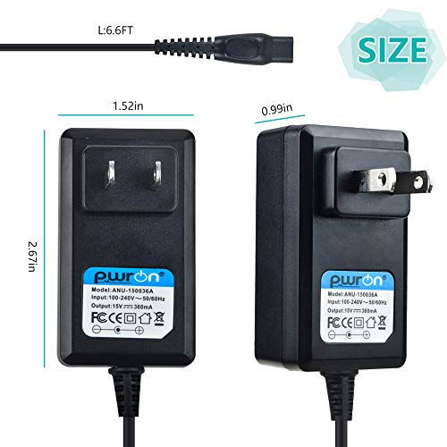 PwrON Philips Razor Charger, 15V 5.4W AC DC Adapter (6.6ft) Fits for Philips Norelco HQ8505/8500X Shaver Razor HQ RQ QC QT at PT XL HS Series, HQ6070 AT810 PT720 RQ1250 S5000 7867XL QT4050 YS524