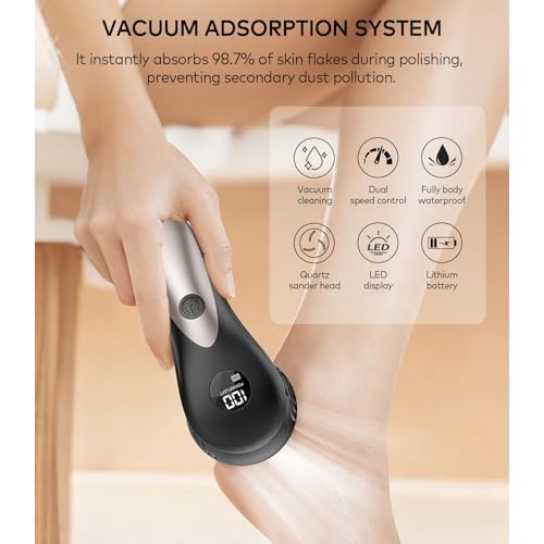 Rechargeable Electric Callus Remover for Feet with Vacuum, Pumice Stone Foot File for 100% Full Foot Care Coverage, 2-Speed & 3 Grinding Heads, Ideal Gift for Dead, Hard Cracked Dry Skin, Black