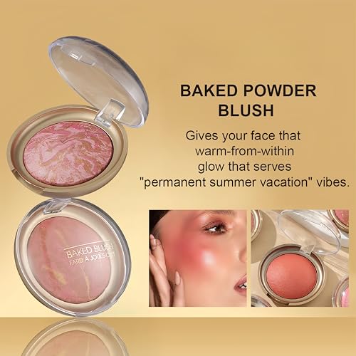 MAEPEOR Powder Baked Blush 6 Colors Natural Glow Marbleized Baked Powder Blush Lightweight Buildable Shimmer Blusher (03 ETHEREAL)