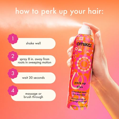 amika perk up plus extended clean dry shampoo | lightweight + buildable, extend time even further between wash days, invisible finish + no white residue, for all hair types