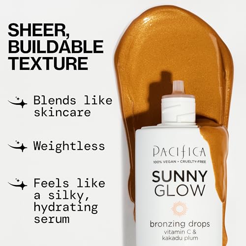 Pacifica Sunny Glow Liquid Face Bronzer Drops - Face Makeup Bronzing For Face & Cheeks for Instant Sun-Kissed Glow - Vitamin C & Glycolic Acid Infused Liquid Bronzer Illuminating Highlighting Clean