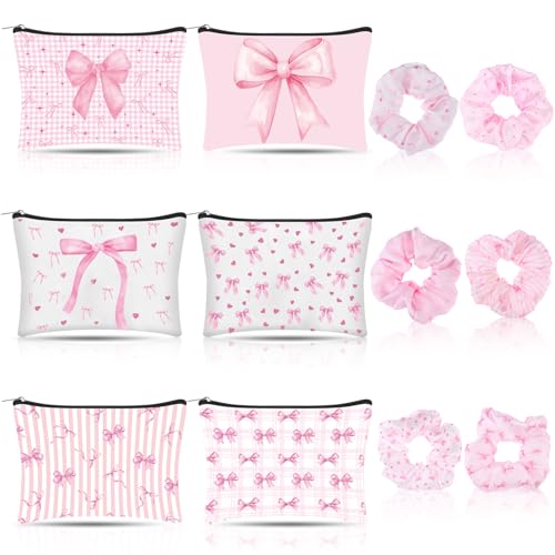 6 Set Pink Coquette Bow Gifts Include 6 Pink Bow Makeup Bags 6 Hair Scrunchies for Women Girls Preppy Cosmetic Bag Preppy Pouch Zipper Gift for Wedding Baby Shower Birthday Coquette Party Favors
