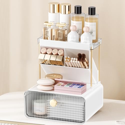 Makeup Organizer with Drawer for Vanity, 2 Tier 5 Zones Cosmetic Display Case Detachable, Cosmetic Storage Perfume Shelf for Bathroom Counter, Perfect Storage Solution for Your Beauty Essential(Clear)