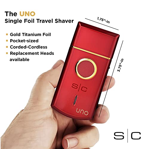 StyleCraft Uno Cordless Single Foil Shaver, Mini Travel Size, Portable, Gold Titanium Premium Head, Turbocharged Motor, Red