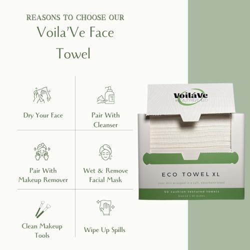VoilaVe Disposable Face Towels -100% Cotton Biodegradable Makeup Remover Dry Wipes, Ultra Soft Lint Free Facial Cloth | Clinically Tested Eco-Friendly Towelettes For Sensitive Skin - XL 10 x 12"- 50 C