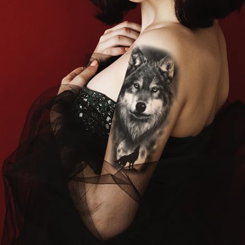 2 Sheets Realistic Animal Temporary Tattoos Stickers Moon Roar Wolf Designs For Men Waterproof Arm Leg Fake Body Art, Gym & Parties Bold Masculine Decals