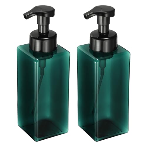 uxcell 2PCS Square Empty Foam Pump Bottle, 650ml Travel Foam Soap Dispenser Empty Refillable Plastic Pump Bottle for Lash Shampoo, Hand Soap, Facial Lotion(7.6", Clear Dark Green)