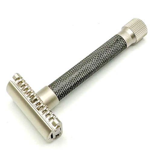 Parker THE VARIANT OPEN COMB - ADJUSTABLE Double Edge Safety Razor, Customize your Shave with a Turn of the Dial from Mild to Aggressive - 5 Blades Included (Graphite Gray)