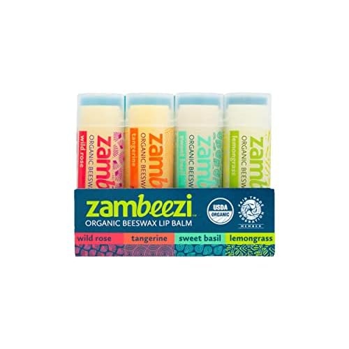 Zambeezi Fair Trade, Organic Beeswax Lip Balm - CORE 4 Pack (Wild Rose, Tangerine, Sweet Basil and Lemongrass) - Ethically Sourced