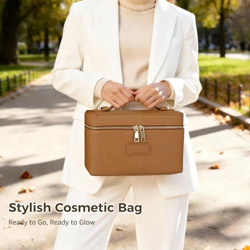 OMISTAR Makeup Vanity Bag for Women - Large Capacity Cosmetic Organizer with Removable Liner, Waterproof PU Leather Skincare Bag, Portable Chic Cosmetic Make Up Case for Skincare, Accessories, Brown