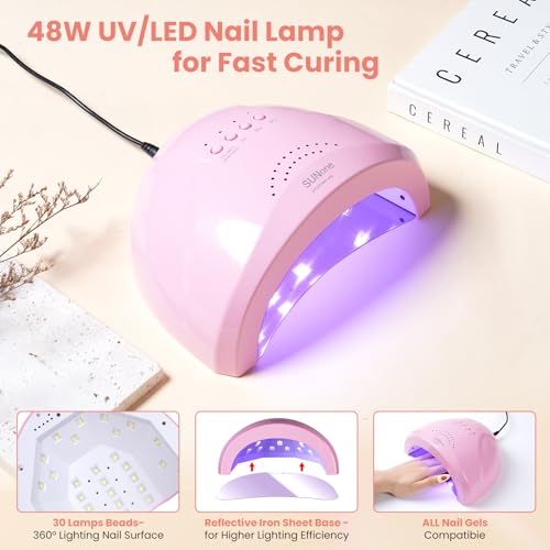 Nail Kit for Beginners with Everything: Practice Hand Acrylic Nail Kits Professional U/V Lamp Powder Drill Liquid Starter Set with Gel Polish in Cosmetic Gift Bag for Women Salon Home(Holo Pink)