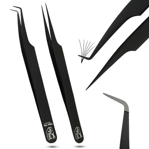 My Lash Tools Fiber Tip Lash Tweezers for Eyelash Extension Curved 90 Degree Angle Boot Tweezer Best for Volume, Individual Isolation & Classic Lashes Stainless Steel Lash Supply (Black 2x Set)