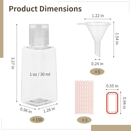 150 Pcs 1 Oz Travel Bottles, Clear Refillable Containers with Flip Caps, Include 5 Plastic Funnels & 3 Label Stickers, Portable Empty Cosmetic Bottles for Shampoo, Body Wash, Face Cream, Toiletries